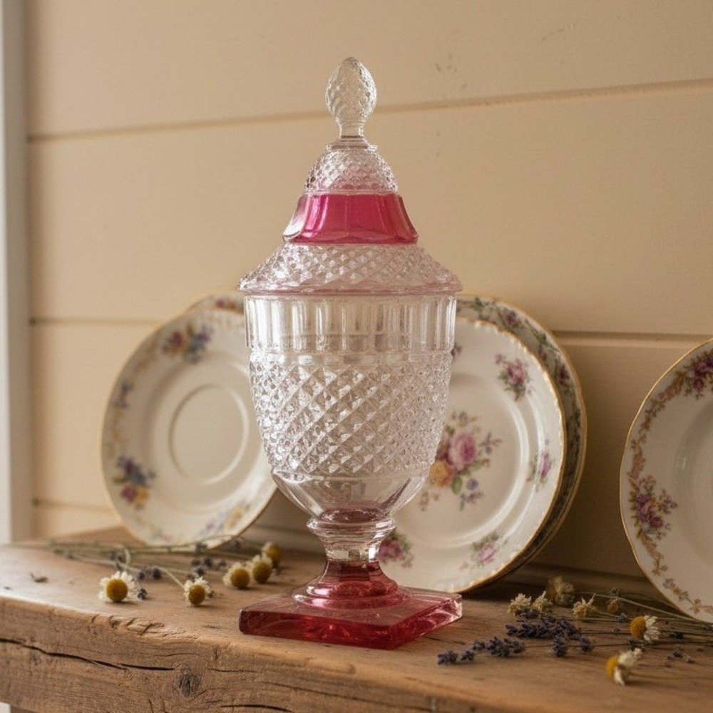 Cranberry Diamond-Cut Pedestal Lidded Candy Dish, Vintage Crystal Bowl Tableware